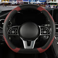 Binsheo Microfiber Leather D Shaped Steering Wheel Cover, Breathable, Anti Slip, 13.5 inch to 14 inch, Black with Burgundy