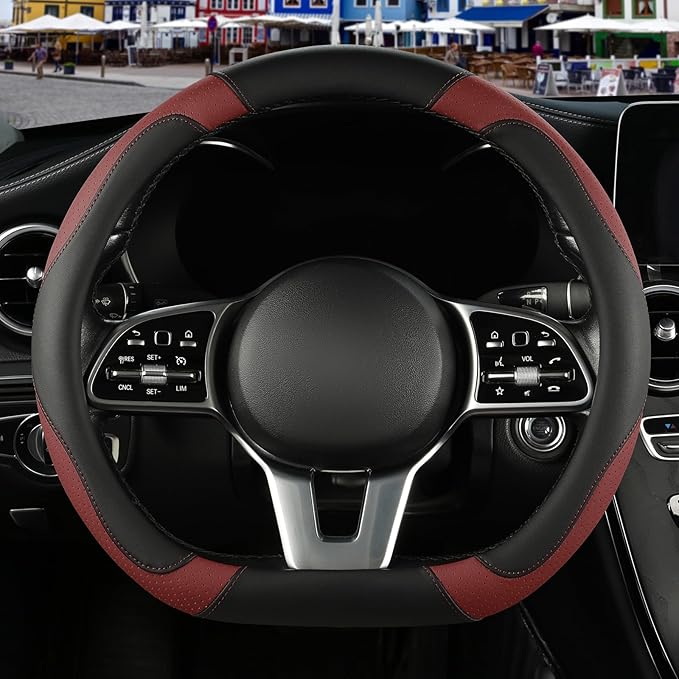 Binsheo Microfiber Leather D Shaped Steering Wheel Cover, Breathable, Anti Slip, 13.5 inch to 14 inch, Black with Burgundy
