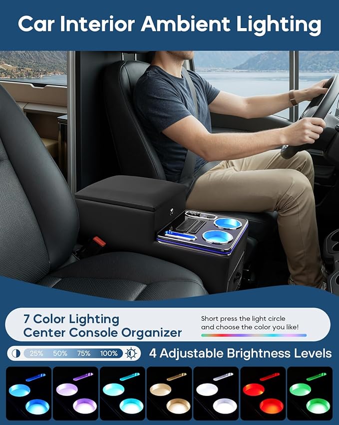 Center Console Between Seat with a Lock, Upgraded Center Console Organizer for Minivans, Truck & Motorhome, with Fast Phone Charging, 7-Color Adjustable LED Lighting and Cup & Phone Holder