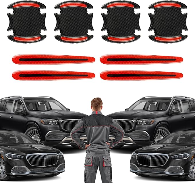 8PCS Car Door Handle Scratch Protectors, 3D Carbon Fiber Door Handle Bowl Cover Guards for Vehicles, Reflective Automotive Doors Handles Cup Accessories Paint Protective Film Sticker (Red)