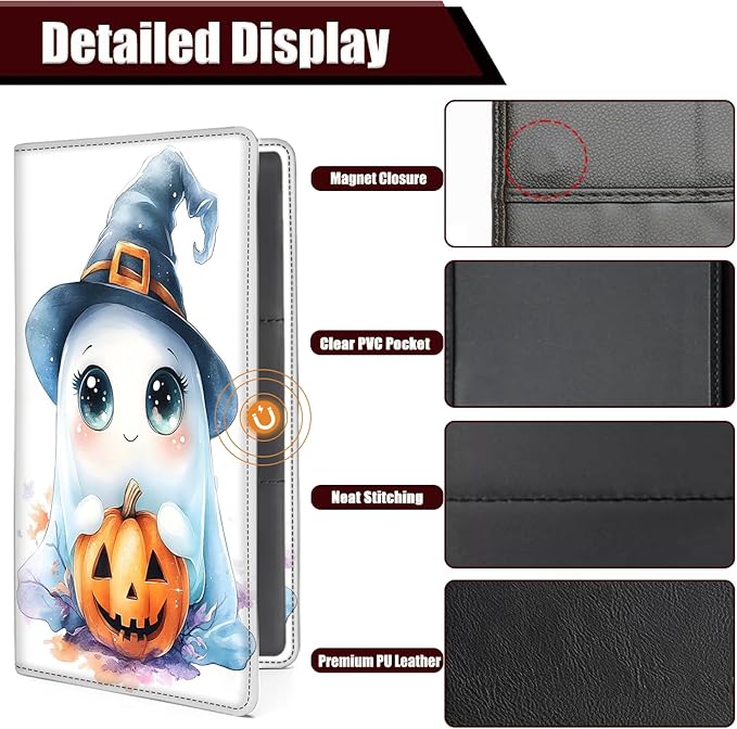 Car Registration Holder, PU Leather Vehicle Glove Box Organizer for Driver License,Document, Car Insurance Holder with Magnetic Shut, Auto Paperwork Wallet Accessories, Cute Ghost + Pumpkin Halloween