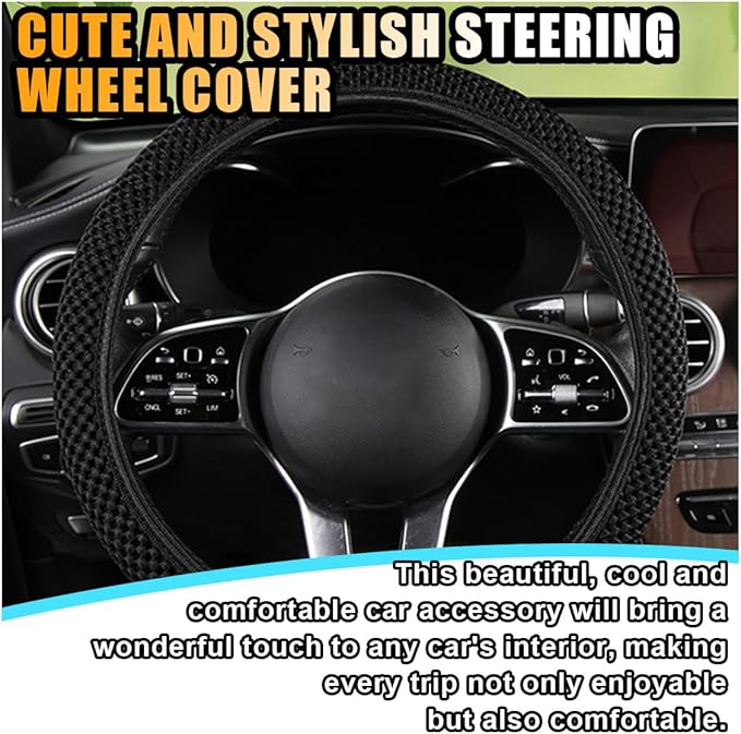 Stretch Elastic Steering Wheel Cover, All-Season Comfort, Warm in Winter & Cool in Summer, Universal 15 Inch Microfiber Breathable Ice Silk, Anti-Slip, Odorless, Easy Carry, Fit Car, SUV (Black)