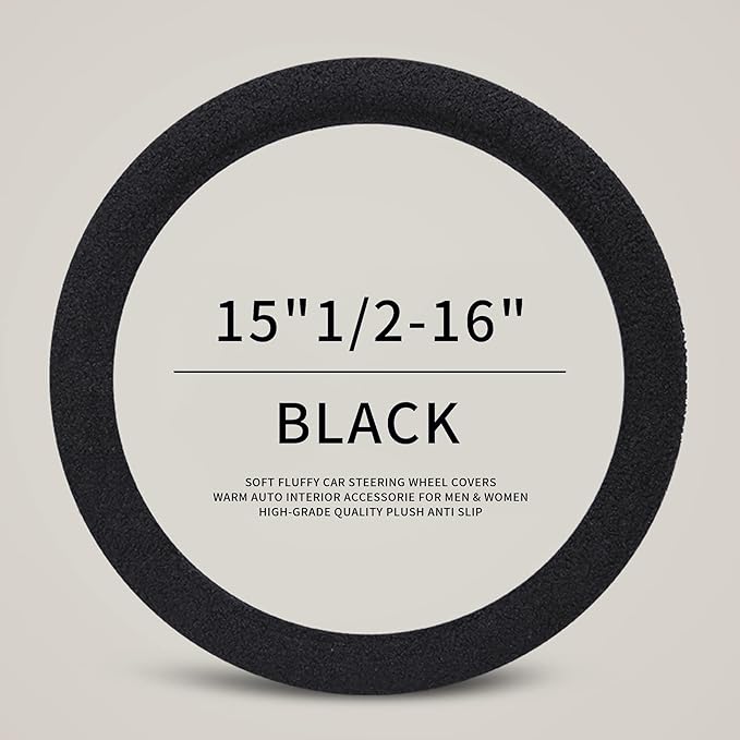 Furry Winter Car Steering Wheel Cover for Women, Soft Fleece Plush Warm Universal Auto Accessories for Jeep, Truck, Van, F150, Fuzzy, Anti Slip, Black, Large Size, 15.2-16in
