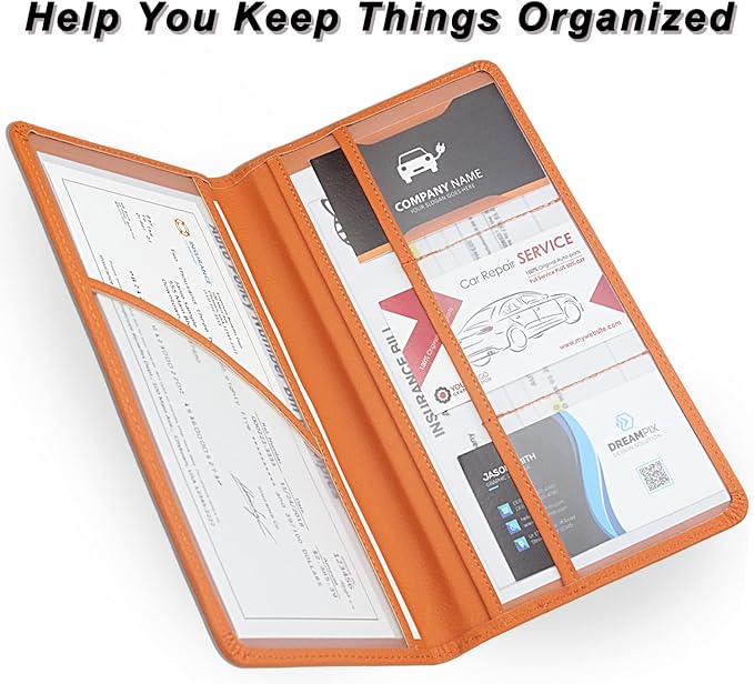 Car Registration and Insurance Holder, Premium Leather Insurance and Registration Holder,Vehicle Glove Box Car Organizer, with Magnetic Shut for Cards, Driver License (Orange)
