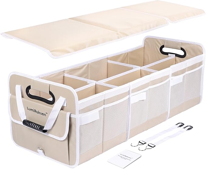 LumiRakuen Collapsible Car Trunk Organizer Storage with Removable Lid, Long-lasting 1680D fabric, 3.5mm PP Panels, Multi-Compartment, No Sliding Bottom, 2 Adjustable Straps for SUV,Tesla (XL,Cream)