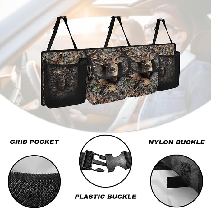 Deer Camouflage Car Storage Organizer New Version, Hanging Trunk Organizer with 4 Functional Storage Bags, Car Trunk Storage Bag for SUV Truck MPV VAN
