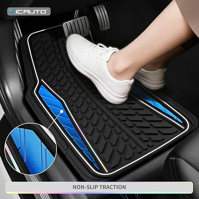 PIC AUTO Car Floor Mats, Blue Aluminum-Molded with Full-Circle Iridescent Inlay Strip Car Mats, Universal-Fit Rubber Mats for Cars, Trucks & SUVs, All-Weather, Non-Slip, Easy-to-Clean Interior Mats