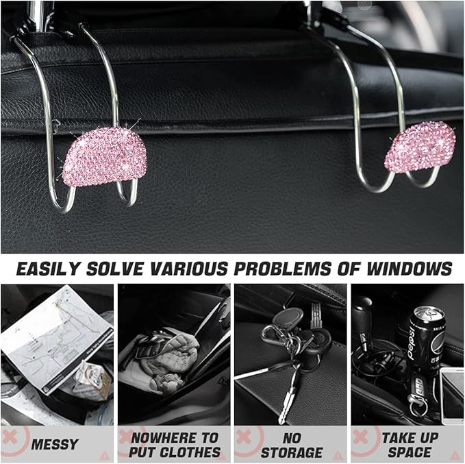 AUCELI Car Headrest Hook, 2 Pack Bling Backseat Organizer Hanger for Purse Clothes Grocery Bag, Rhinestones Auto Headrest Storage Holder, Universal Car Seat Accessories for Most Vehicle (Pink)