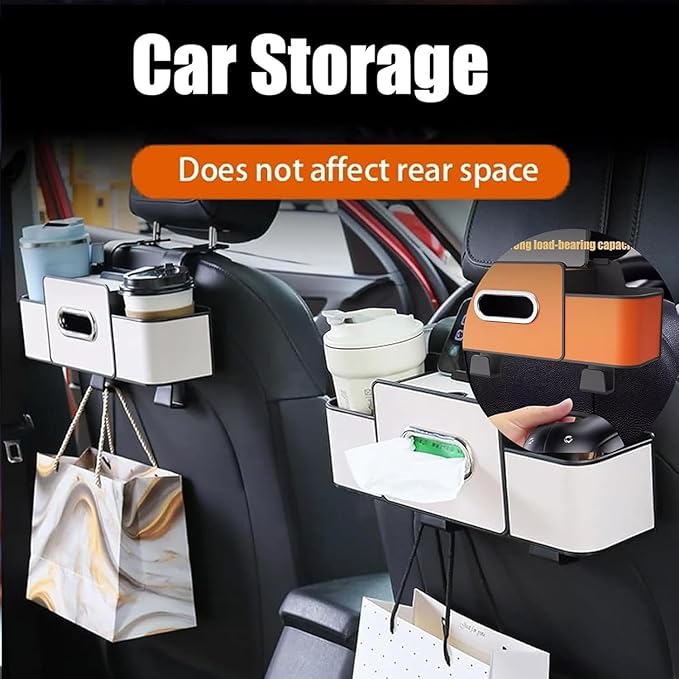 Car Organizer and Storage Box, Car Organizer and Storage Box Back Seat, 4 in 1 Multifunctional Car Back Seat Storage Box with Drink Cup Holder Tissue Box,for Drinks, Handbag (1, Orange)