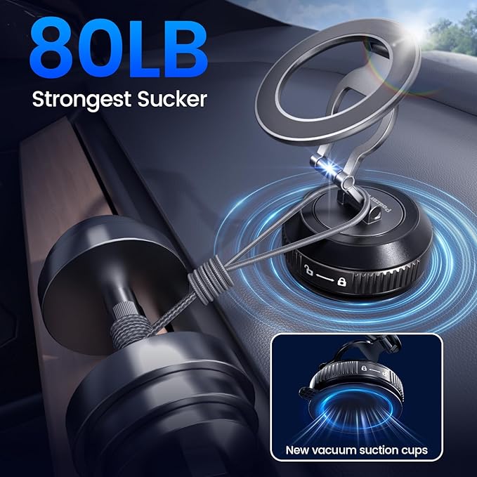 Tri-Folding Car Phone Holder for Magsafe[80+LBs Strongest Suction & 2850gf Strongest Magnetic], 360°Adjustable Phone Holders for Car, Suction Cup Phone Mount for iPhone17Pro Max /16/15/14Series，Black