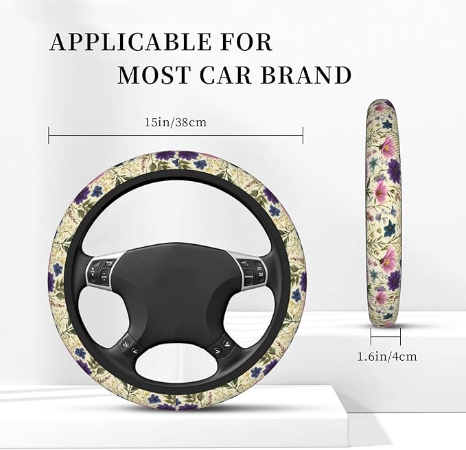 Wildflower Yellow Purple Steering Wheel Cover For Women Men Universal Car Interior Accessories Decor Thickened Anti-Slip Auto Steering Wheel Covers Protector Fit 15 Inch For Cars Truck Suv