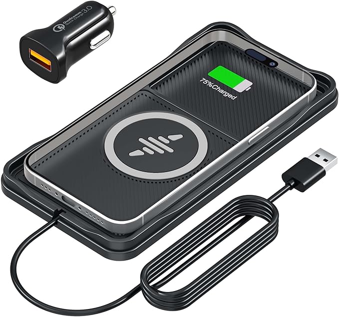 Car Wireless Charger Pad, 15W Fast Non-Slip Wireless Charging Pad for Car with 20W Car Adapter, Compatible with iPhone 17 16 15 14 13 12 Pro Max AirPods,100CM Cable