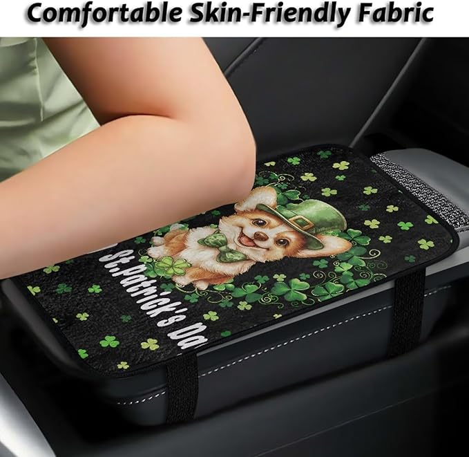Bulopur St. Patrick's Dog Car Center Console Cover Protector Arm Rest Car Flannel Comfortable Auto Armrest Console Accessories Universal Fit Most Cars Women Men