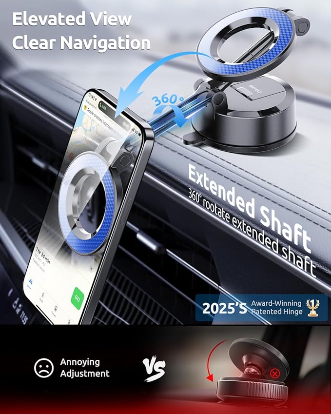 ZIDARO Vacuum Magnetic Car Phone Holder, 360°Adjustable, Compatible with iPhone 12-17 Series & Dashboard Mount & Tesla, 80+LBS Strong Suction Cup Phone Holders for Your Car, MagSafe-Compatible (Blue)