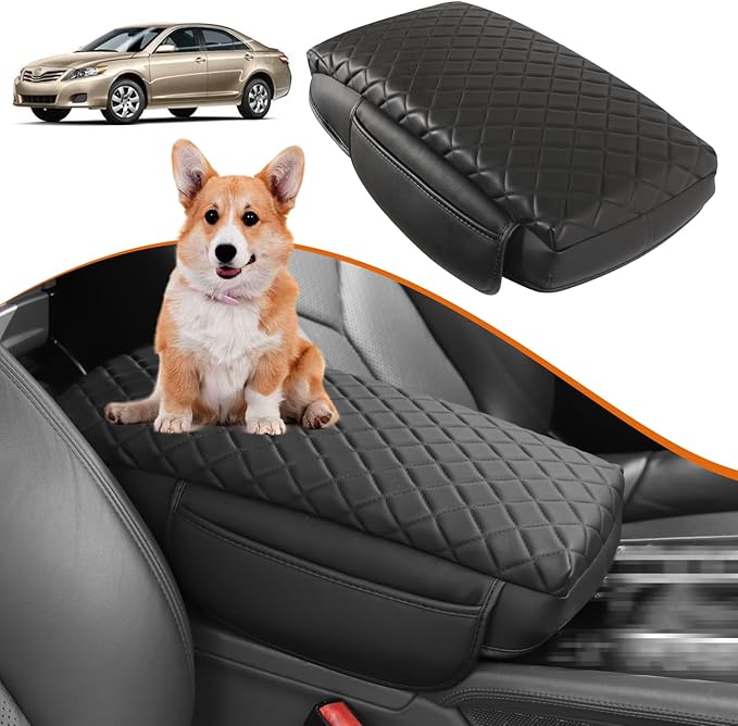 Center Console Armrest Cover for Toyota Camry 2007-2011 Accessories Arm Rest Pad Console Cushion Lid Middle Console Protector Black Leather with Pockets