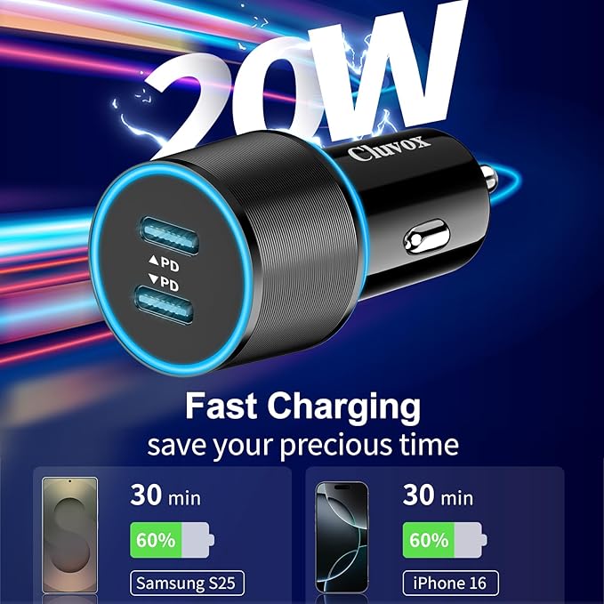 6 Pack USB C Car Charger, 40W Fast Charging for iPhone 17/16 Pro Max/Plus/16 SE/15/14, Samsung Galaxy S25 Ultra/S24/S23/S22/A16/A15/A55, Google Pixel 9, Dual 20W Type C Port Cigarette Lighter Adapter