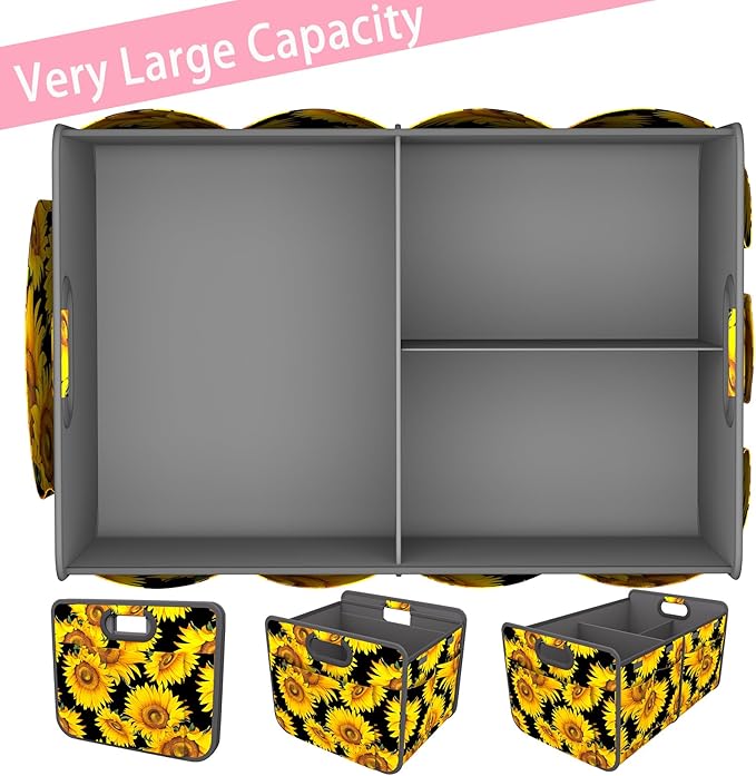 Homeve Trunk Organizer, Car Storage, Reinforced Handles, Collapsible Multi-Compartment Car Organizers, Foldable, Waterproof, 600D Oxford Polyester (Sunflower, 2 Compart)