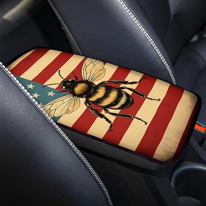 Car Center Console Pad, Universal Waterproof Car Armrest Seat Box Cover, Car Interior Accessories for Most Vehicle SUV Truck Vintage American Flag Bee Car Armrest Pad