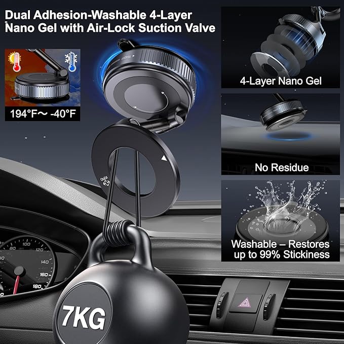 Jikasho Vacuum Magnetic Suction Phone Holder, Foldable and Retractable Hands-Free Suction Cup Phone Mount for Car/Gym/Mirror/Smooth Surface, Compatible with iPhone & Android (Gel Suction Cup Black)