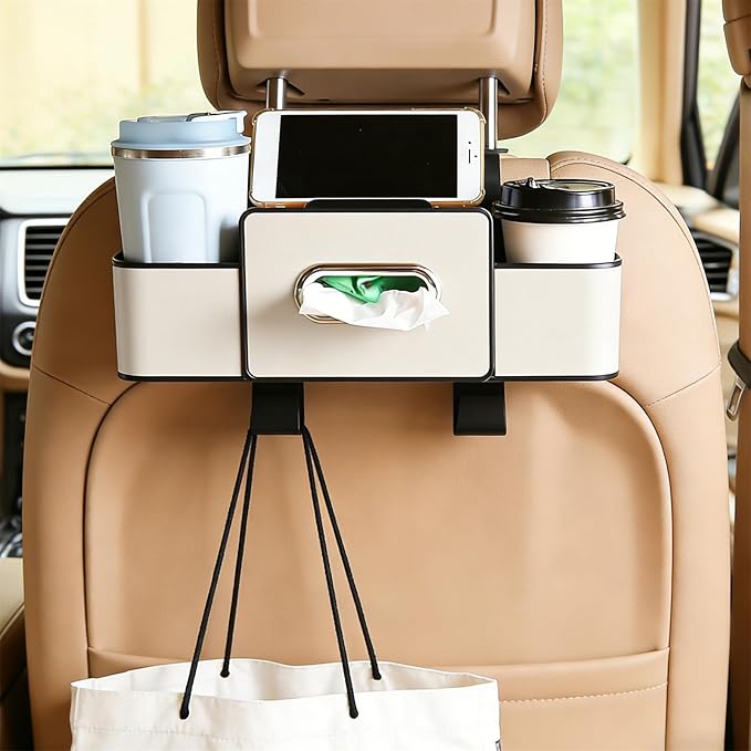 Multifunctional Car Organizers and Storage Box, 2026 New Backseat Car Organizer with Cup Holder, Tissue Box, Trash Bin & Hooks for Hold Phones, Snacks, Drinks, Handbags (White)