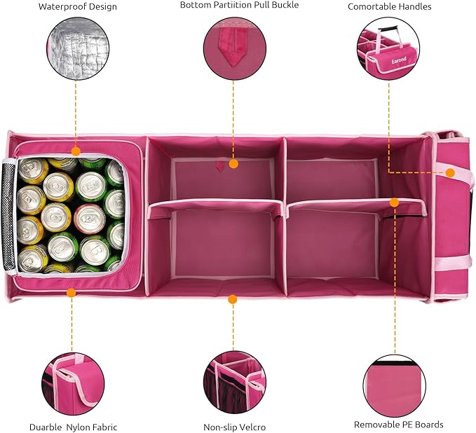 EAROND Collapsible Trunk Organizer with Insulated Leakproof Cooler Bag,Removable Lid,Adjustable Securing Straps,3 Compartments Trunk Organizer for SUV,Truck,Sedan(Pink)