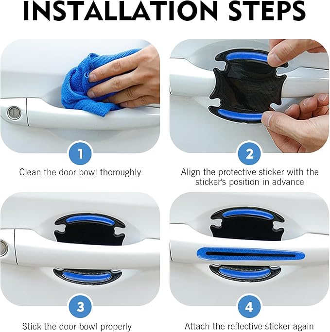 8 PCS Car Door Handle Protector Sticker, PVC Carbon Fiber Reflective Door Bowl & Handle Decoration Decal, Anti-Scratch Car Handles Sticker, Universal for Most Cars (Blue)