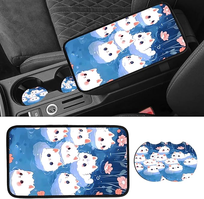 JANENFNA Car Armrest Cover Pads Universal Fashion Cute Auto Center Console Armrest Cover Pad with 2PCS Car Coasters Soft Waterproof Car Armrest Seat Protector for Women,Cute White Cat in Water