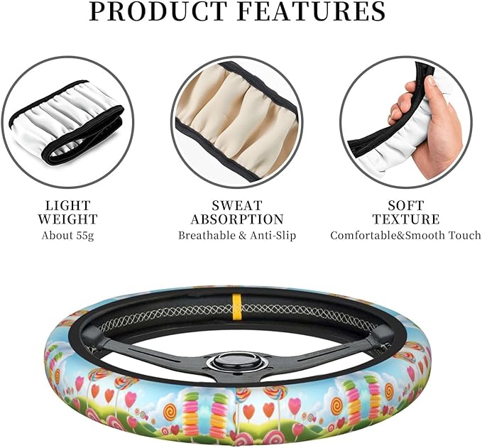 Fantasy Delicious Lollypops Neoprene Steering Wheel Covers Women Men Car Accessories, Universal 15 Inch Fit Auto, Suvs, Truck