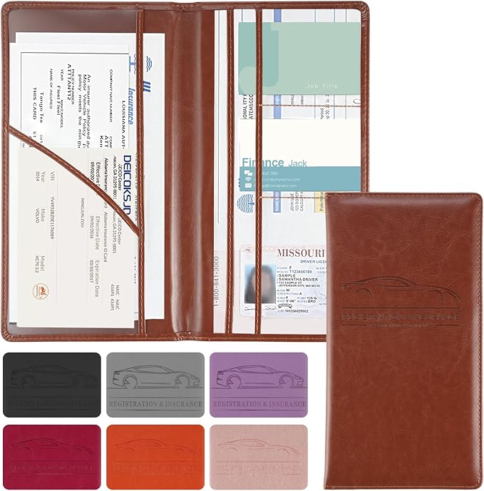 JUSTTOP 2Pack Car Registration and Insurance Holder,Car Document Holder for Cards License with Magnetic Shut,Vehicle Glove Box Car Organizer for Documents, Cards, License(Brown)