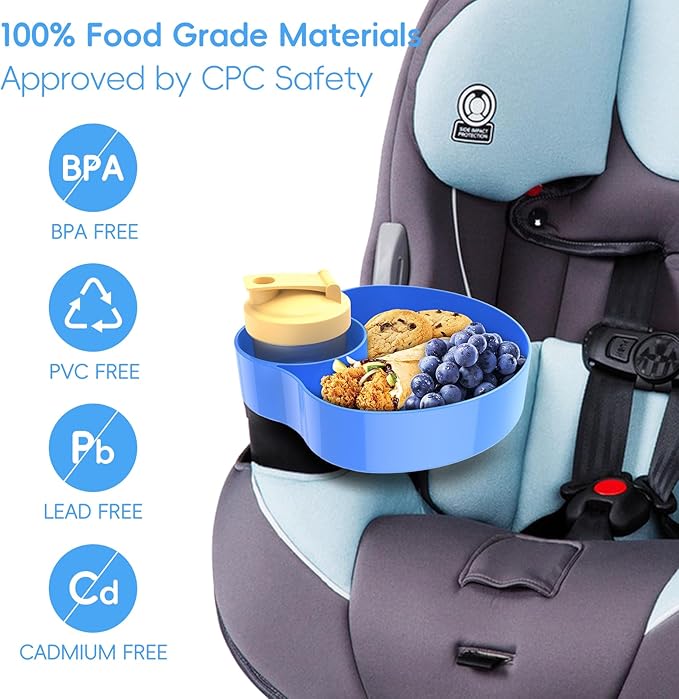 2PCS Resptasski Car Seat Cup Holder Snack Tray for Kids – Travel Tray for Car, Booster, Stroller, Outdoor Essentials Kit. Universal Adjustable Tray with Detachable Base for Snacks, Toys, Food (Blue)