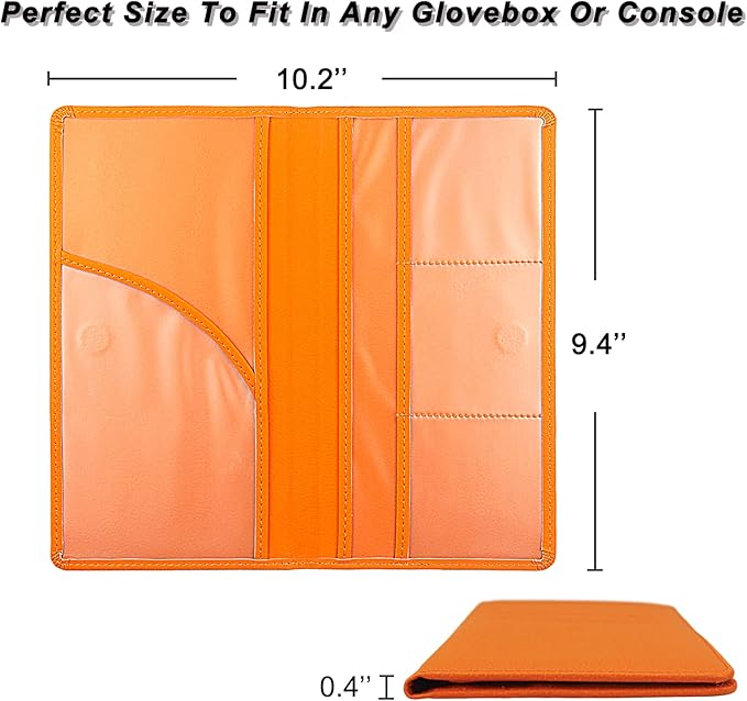 Car Registration and Insurance Holder, Premium Leather Insurance and Registration Holder,Vehicle Glove Box Car Organizer, with Magnetic Shut for Cards, Driver License (Orange)