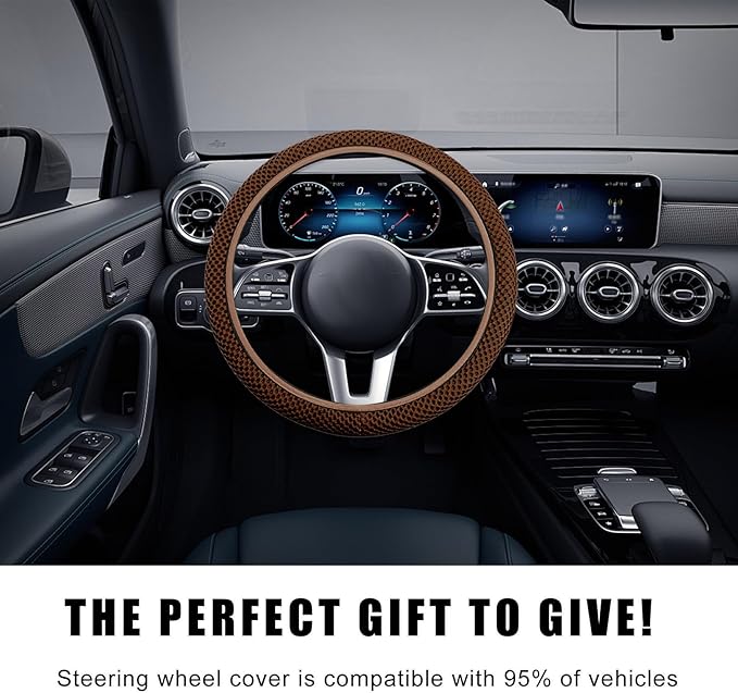 Car Steering Wheel Cover, 15 Inches Automotive Steering Wheel Protector, Elastic Stretch Steering Wheel Cover for Most Vehicles, Universal Interior Decor Car Accessories (Brown)