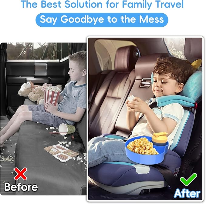 2PCS Resptasski Car Seat Cup Holder Snack Tray for Kids – Travel Tray for Car, Booster, Stroller, Outdoor Essentials Kit. Universal Adjustable Tray with Detachable Base for Snacks, Toys, Food (Blue)