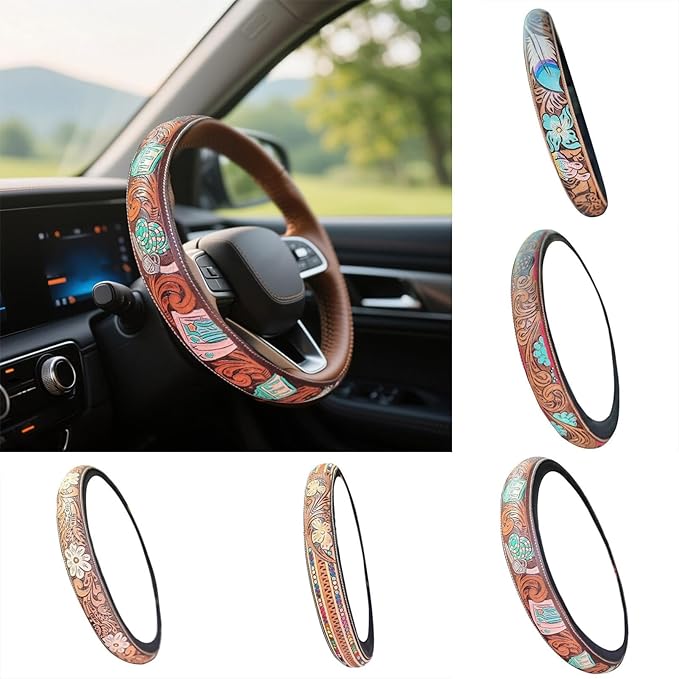 Steering Wheel Cover Western Car Tooled Leather Retro Cowboy Car & Truck Accessory, Universal 15 Inch Non Slip Wheel Cover for SUV, Pickup, Comfortable Grip, Easy to Install (Blue)