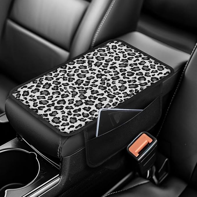 Dreaweet Grey Leopard Print Car Center Console Cover Cheetah Car Accessories for Women,Car Armrest Seat Box Cover Soft Vehicle Center Console Armrest Cover Pad Universal Armrest Cushion Pad