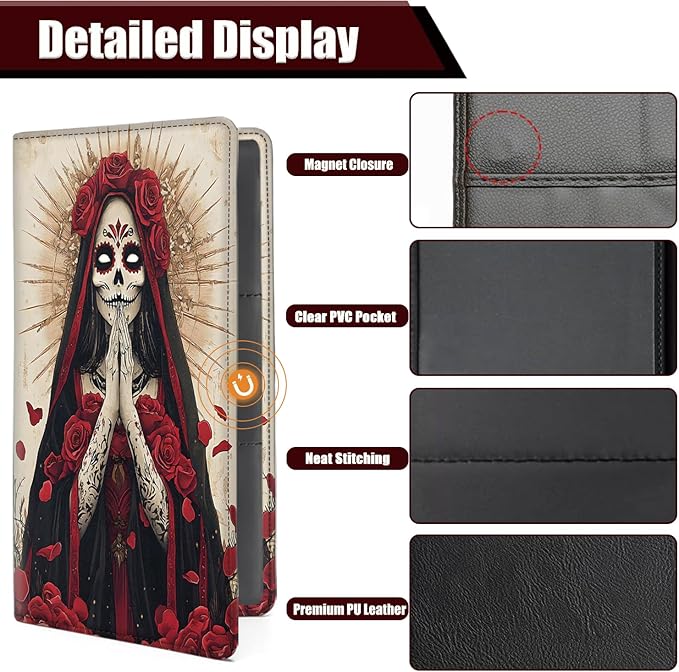 Car Registration Holder, PU Leather Vehicle Glove Box Organizer for Driver License, Document, Car Insurance Holder with Magnetic Shut, Auto Paperwork Wallet Case Accessories, Day Of The Dead Girl