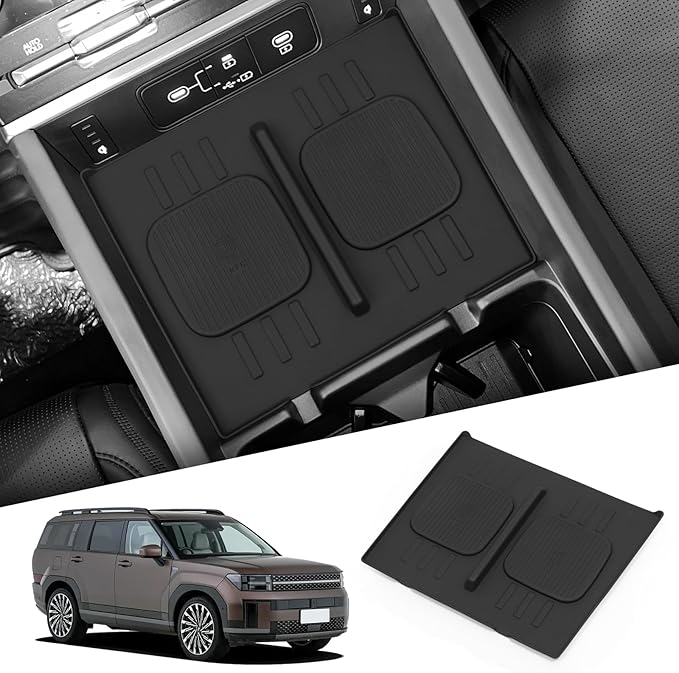 SMABEE Center Console Wireless Charging Protective Mat for 2024 2025 2026 Hyundai Santa Fe Accessories Silicone Non-Slip Pad Interior Black