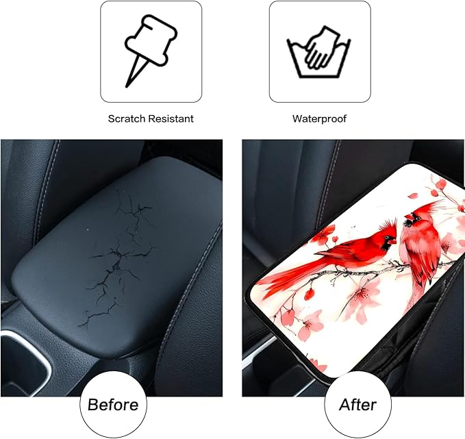 JANENFNA Car Armrest Cover Pads Universal Fashion Cute Auto Center Console Armrest Cover Pad with 2PCS Car Coasters Soft Waterproof Car Armrest Seat Protector for Women,Cute Cardinal Bird