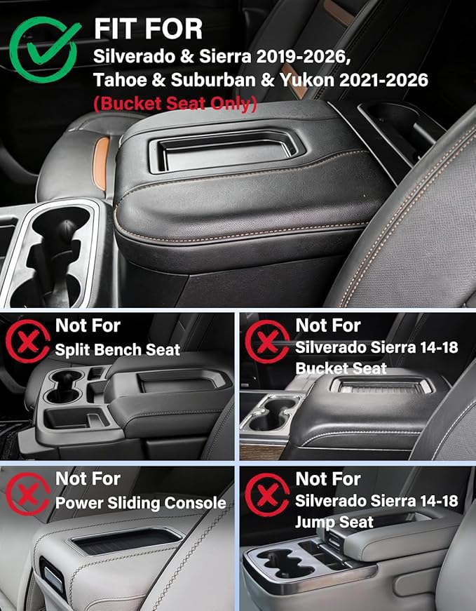 Center Console Armrest Cover for Chevy Chevrolet Silverado 1500/GMC Sierra 2019-2026, Yukon/Suburban/Tahoe 2021-2026, PU Leather Middle Console Lid Protector Cushion Thick Pad Black-Red(Bucket Seat)