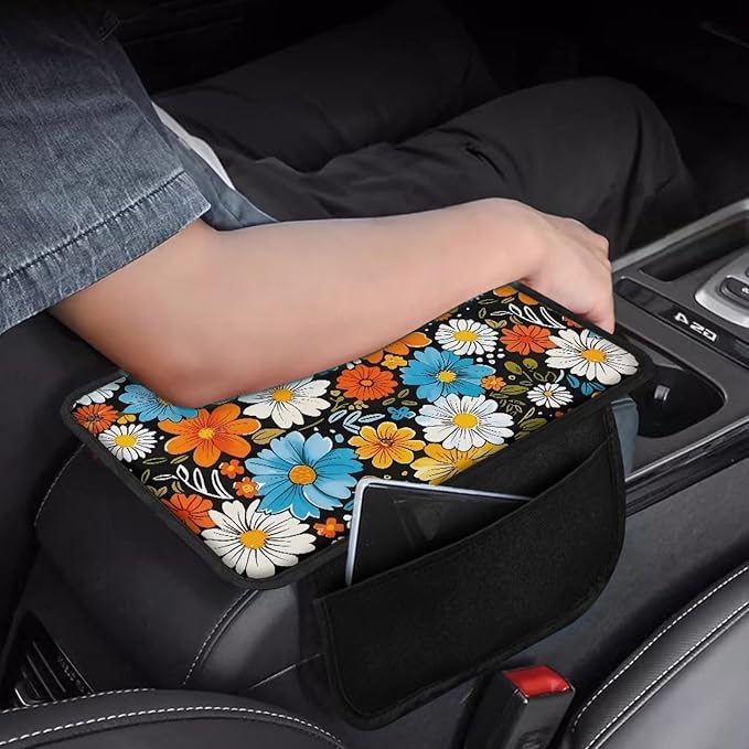 BIGCARJOB Hippie Daisy Print Center Console Cover for Cars Truck Interior Seat Accessories,Blossom Daisy Car Armrest Seat Box Cover Cushion with Side Storage,Universal Fit