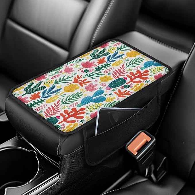 Dreaweet Tropical Cactus Car Accessories Center Console Cover with Pockets,Cute Armrest Cover for Car Truck SUV Center Console Cushion Pad Car Armrest Seat Box Cover Protector