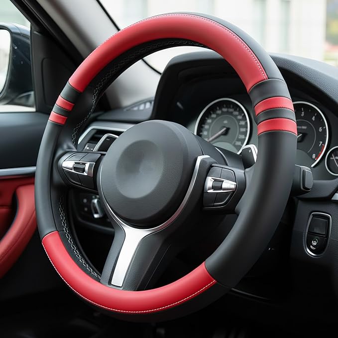 Steering Wheel Cover, Two-Tone Black and Red NAPA Leather, Non-Slip and Sweat Absorbent, 15" Steering Wheel Covers for Men Women, Black (Red, M-15)