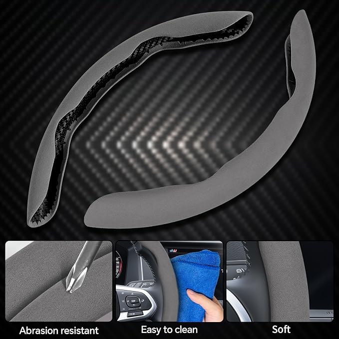 PAUUOOA 2 Piece Alcantara Steering Wheel Cover - Split Sport Design for D & O Shape Wheels, Soft Touch · Anti-Slip Grip · All Season Comfort · Durable Luxury Material for Performance Cars