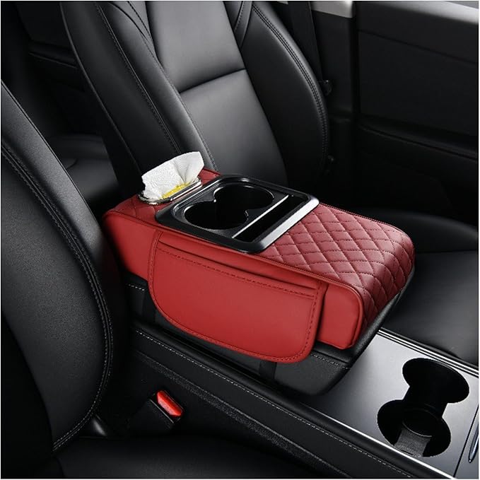 Car Armrest Storage Box for Lincoln Nautilus 2019-2024, Center Console Organizer with Side Pocket, Ergonomic Memory Foam Armrest Cushion, Car Elbow Support Pad,D Red