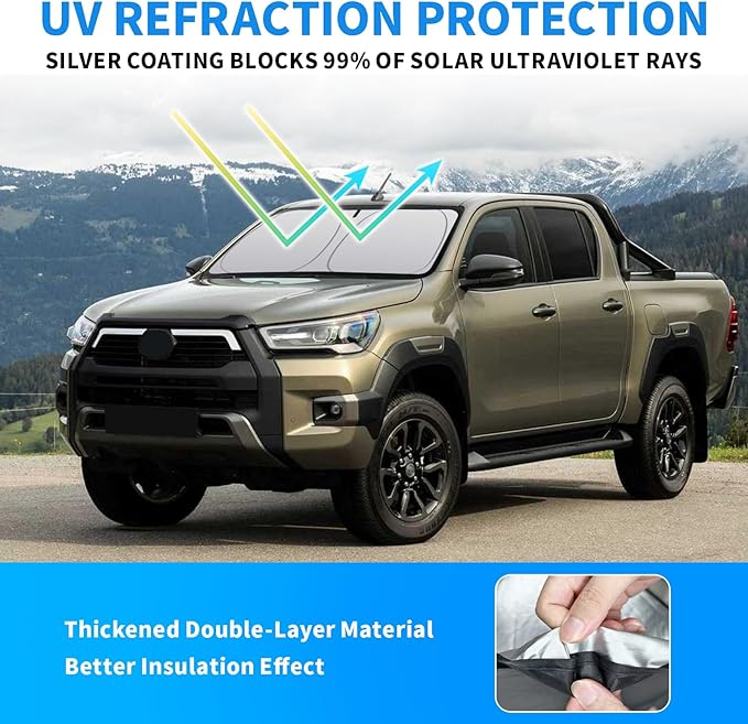 Thickened 2-Layer Front Windshield Sun Shade Compatible for Toyota Hilux 2021-present, Foldable Custom Fit Sunshade Blocks 99% Heat, Keeps Car Interior Cool (for Hilux 2021-present)