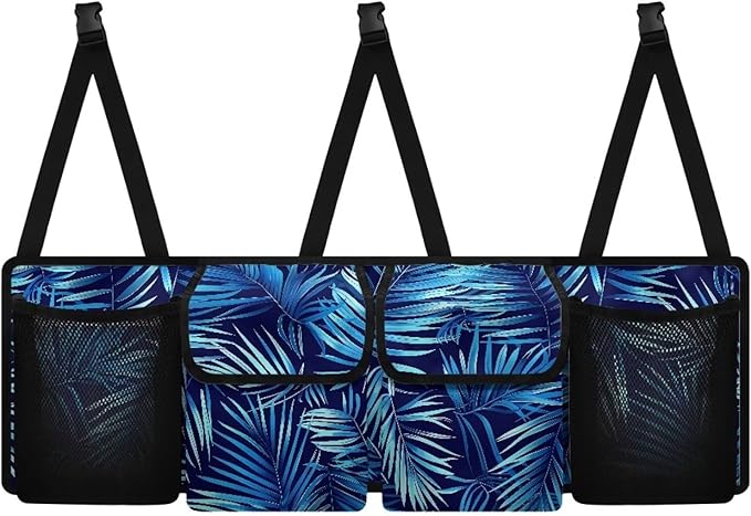 Car Trunk Organizer & Backseat Hanging Organizer with 2 Large Storage Bag & 2 Mesh Pockets,Trunk and Backseat Storage Bag for SUVs & RVs,37.01x11.81 inch,Navy Blue Palm Leaf