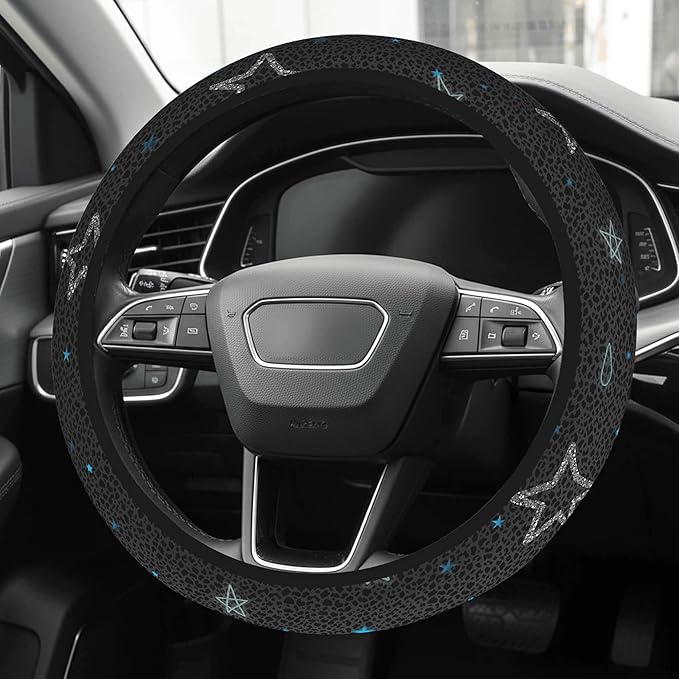 Cute Steering Wheel Cover for Women, Machine Washable Universal 14.5-15.5 inch Non-Slip Grip All Weather Use (Gray Leopard Stars)