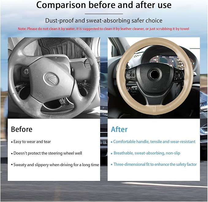 Kewucn Genuine Leather Steering Wheel Cover, 15" Universal Car Steering Wheel Protector with Needle Thread, Breathable Anti-Slip Steering Wheel Cover DIY Stitch on Wrap (Beige, Full Hole)