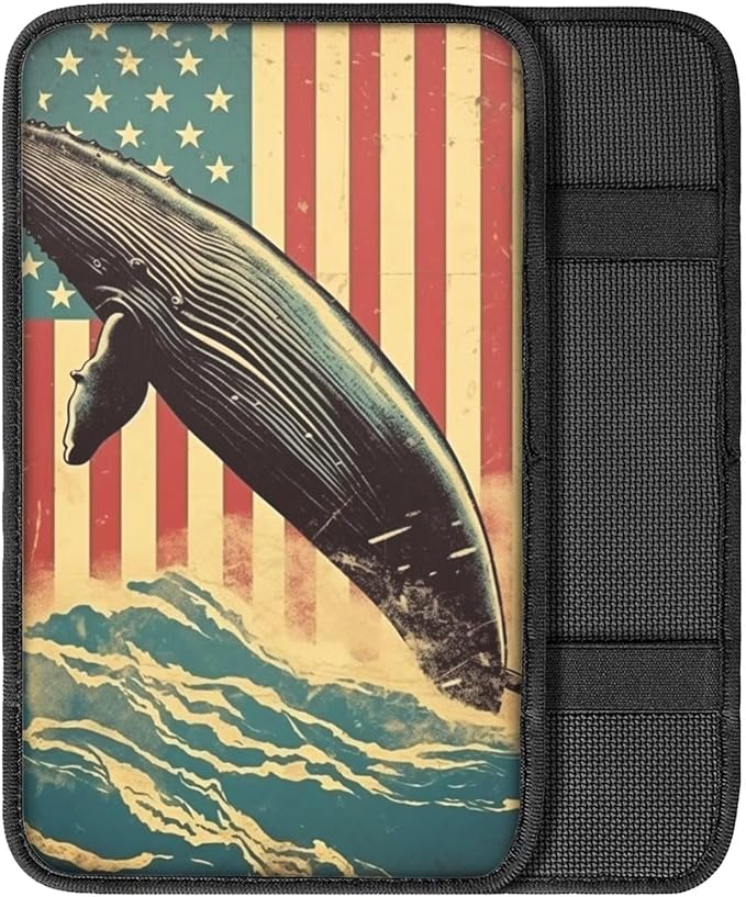 Car Center Console Pad, Universal Waterproof Car Armrest Seat Box Cover, Car Interior Accessories for Most Vehicle SUV Truck Vintage American Flag Whale Car Armrest Pad