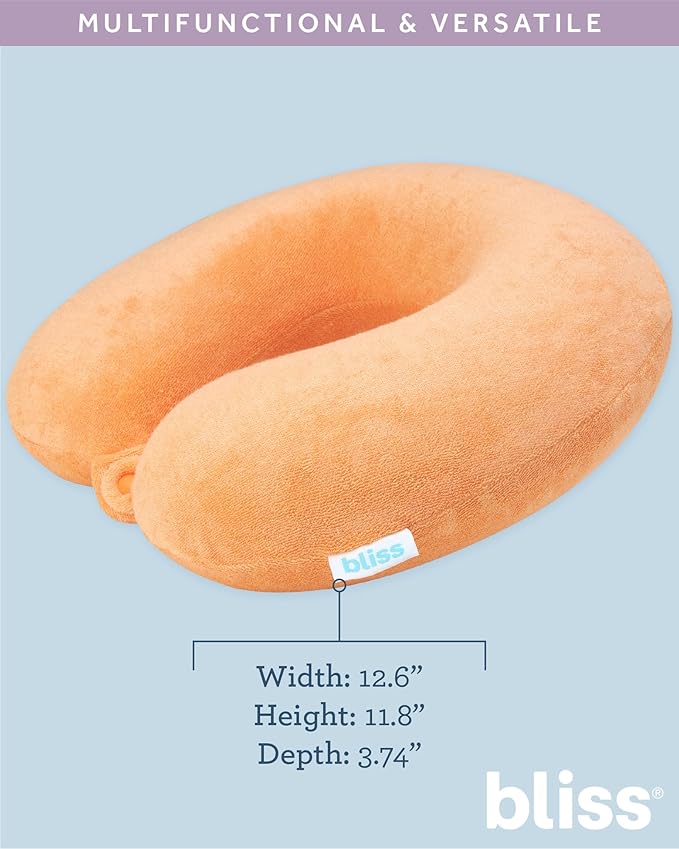 Bliss Neck Pillow - Lightweight U-Shaped Memory Foam Travel Neck Pillow with Snap Closure for Airplanes, Traveling, Offices, Cars, Orange Terry
